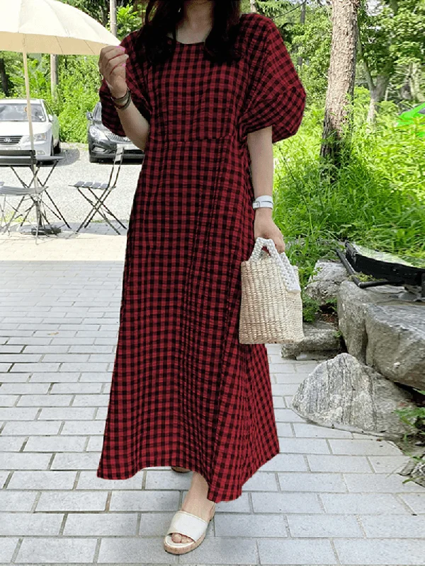 boho-chic dressWomen Plaid Casual Half Puff Sleeve Literal Holiday Dress