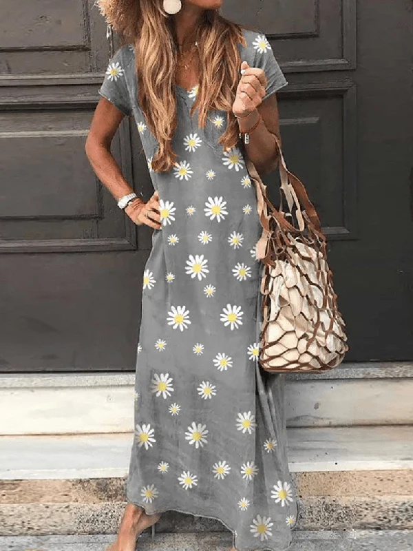 bohemian dressDaisy Print V-Neck Short Sleeve Casual Loose Maxi Dress for Women