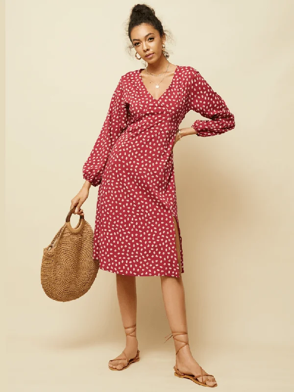 pleated dressChiffon Polka Dot Print Split Long Sleeve Causal Dress