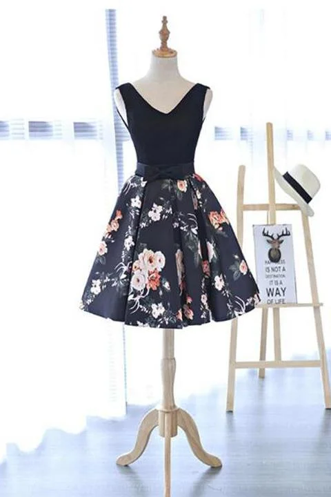 Today Only Chic A Line Black Printed V Neck Mini Length Prom Dress Homecoming Dresses For Party AN1374 Today Only Chic A Line Black Printed V Neck Mini Length Prom Dress Homecoming Dresses For Party AN1374