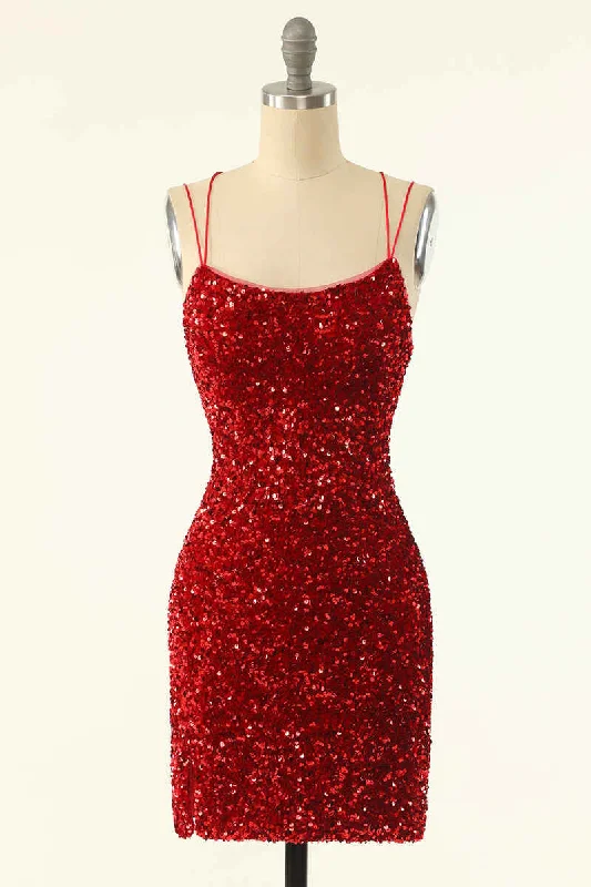 Super Sale pleated dressRed Sequin Lace-Up Bodycon Mini Homecoming Dress