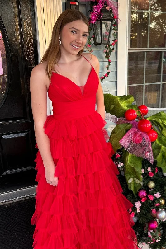 Bonus Savings casual day dressRed Layers A-line Plunging V Neck Long Prom Dress