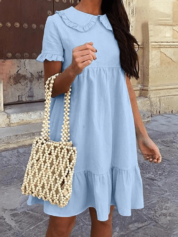 casual evening dressWomen Solid Color Doll Collar Fungus Trims A-Line Stitching Short Sleeve Dress