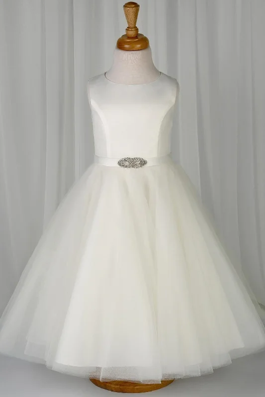 elegant dressWhite Jewel Sleeveless Beaded Sash Long Flower Girl Dress with Buttons