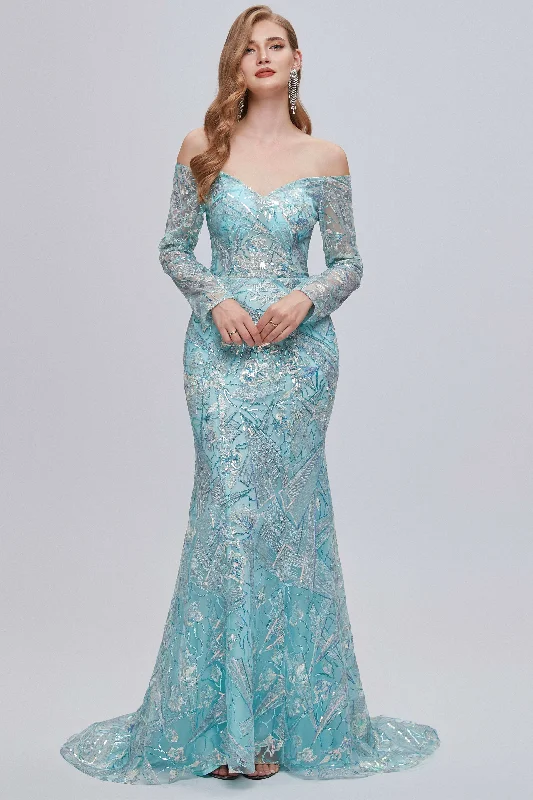 winter dressAqua Blue Off-the-Shoulder Long Sleeve Mermaid Evening Dress