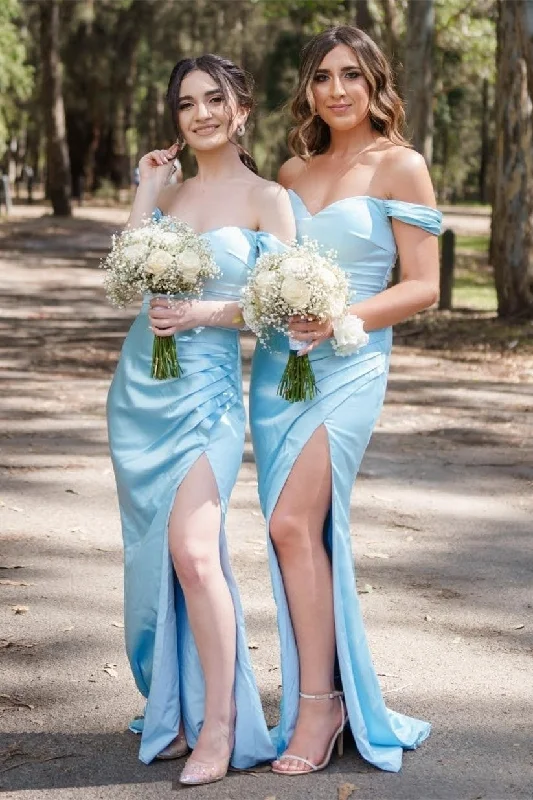 casual knit dressBlue Off-the-Shoulder Pleated Long Bridesmaid Dress with Slit