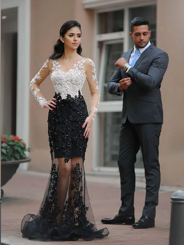 Holiday Sale Mermaid Prom Dresses Scoop Appliques Sexy Black Prom Dress Long Evening Dress JKL817