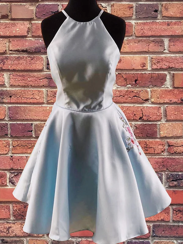 Fantastic Offers Light Blue Satin Halter Chic Embroidery Cute Homecoming Dress Short Graduation Dress AN620 Fantastic Offers Light Blue Satin Halter Chic Embroidery Cute Homecoming Dress Short Graduation Dress AN620