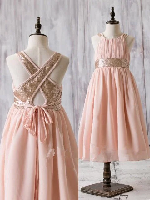 trendy wrap dressPrincess Blush Chiffon Flower Girl Dress with Gold Sequins