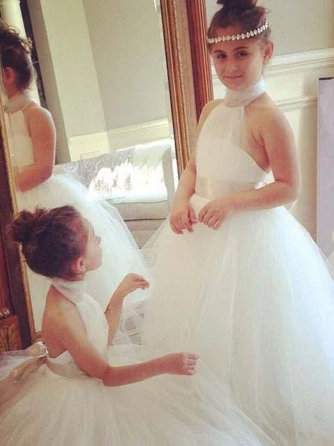 formal dressPrincess Ball Gown Halter White Tulle Flower Girl Dress