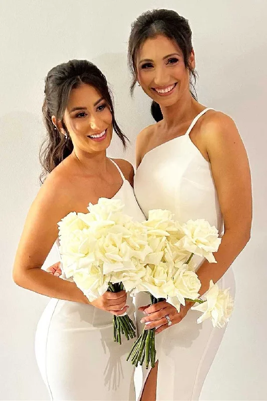 YEAR-End Sale lace dressWhite One-Shoulder Sheath Long Bridesmaid Dress with Slit