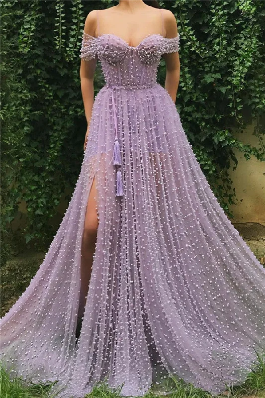 Unbeatable Prices Exquisite Sweetheart Front Slit Long Affordable Tulle Pearls Off-the-Shoulder Prom Dress Unbeatable Prices Exquisite Sweetheart Front Slit Long Affordable Tulle Pearls Off-the-Shoulder Prom Dress