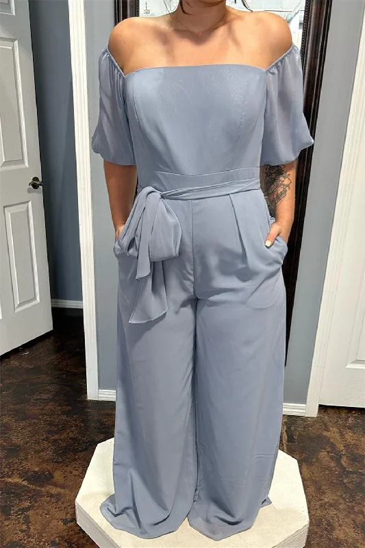 sleek midi dressMist Off-the-Shoulder Chiffon Bridesmaid Jumpsuit