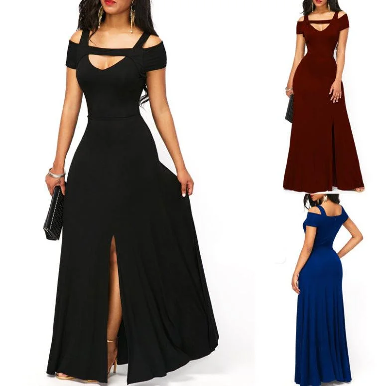 chic dressV-neck off-the-shoulder split long skirt