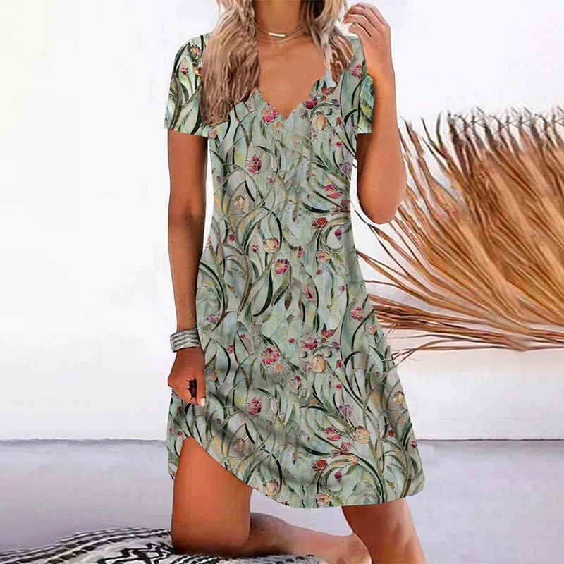 casual shift dressRomantic Floral Print V-Neck Dress