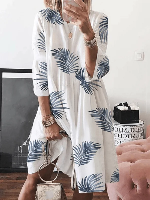 structured dressWomen Floral Plant Print Long Sleeve Beach Holiday Loose Dress