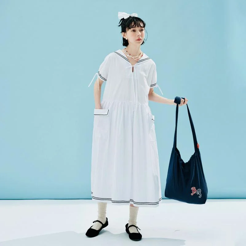 casual evening dressSummer Striped Cotton Mid-Length Dress with Sailor Collar and Pockets