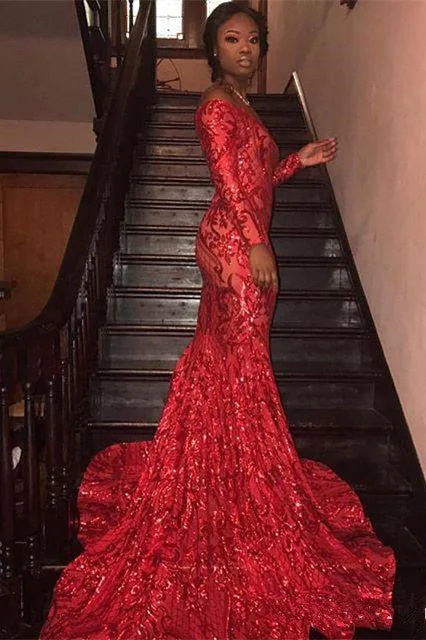 Weekend Special Charming Mermaid Off-the-Shoulder Long Sleevess Prom Dresses Sequins Party Gowns