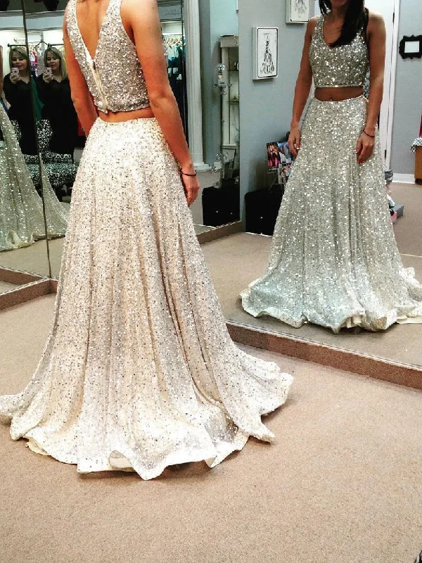 Early Bird Discount Two Piece Prom Dresses V-neck Floor-length Long Prom Dress Sexy Evening Dress JKS303