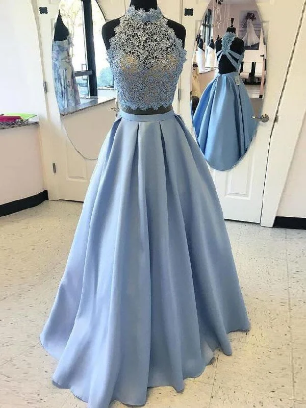 Deal of the Day Two Piece Prom Dresses High Neck A line Floor-length Lace Long Satin Prom Dress JKS302 Deal of the Day Two Piece Prom Dresses High Neck A line Floor-length Lace Long Satin Prom Dress JKS302