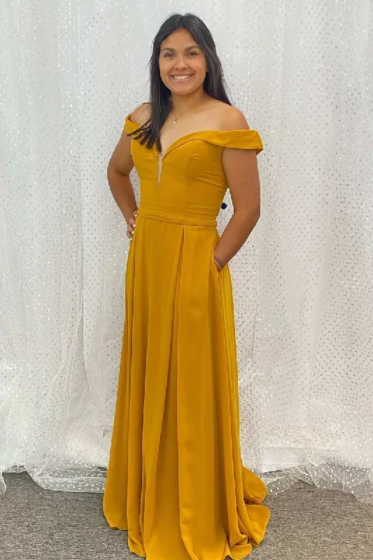 Unmissable Offer sleek dressTurmeric Off-the-Shoulder A-Line Long Bridesmaid Dress with Pockets Unmissable Offer sleek dressTurmeric Off-the-Shoulder A-Line Long Bridesmaid Dress with Pockets