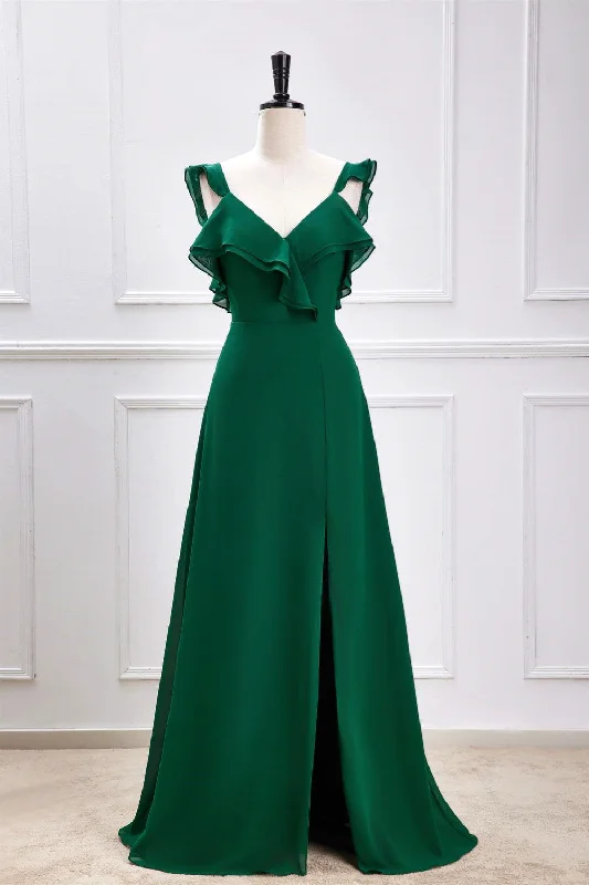 casual summer dressGreen Flutter Sleeves Ruffled A-line Long Bridesmaid Dress with Slit