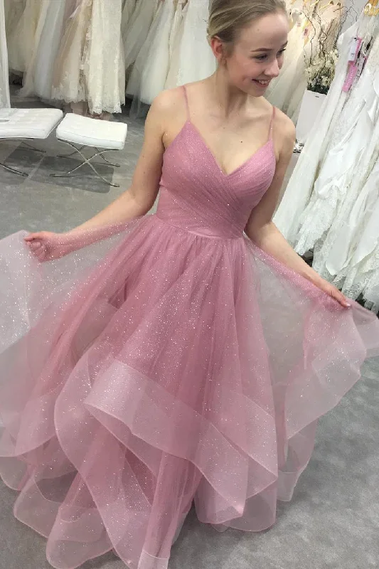 YEAR-End Clearance A-line dressGlitter Straps Ruffled Pink Long Prom Dress