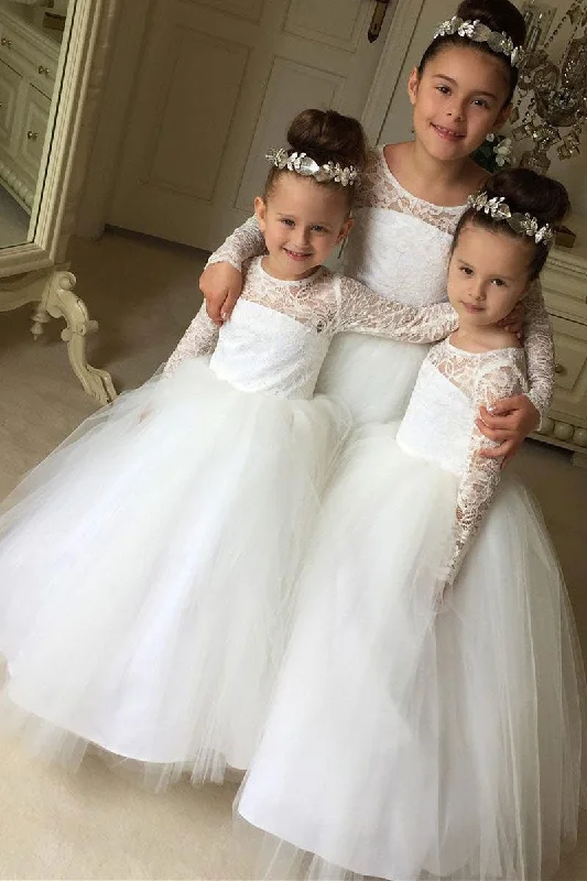 silk dressPrincess Long Sleeves White Long Flower Girl Dress