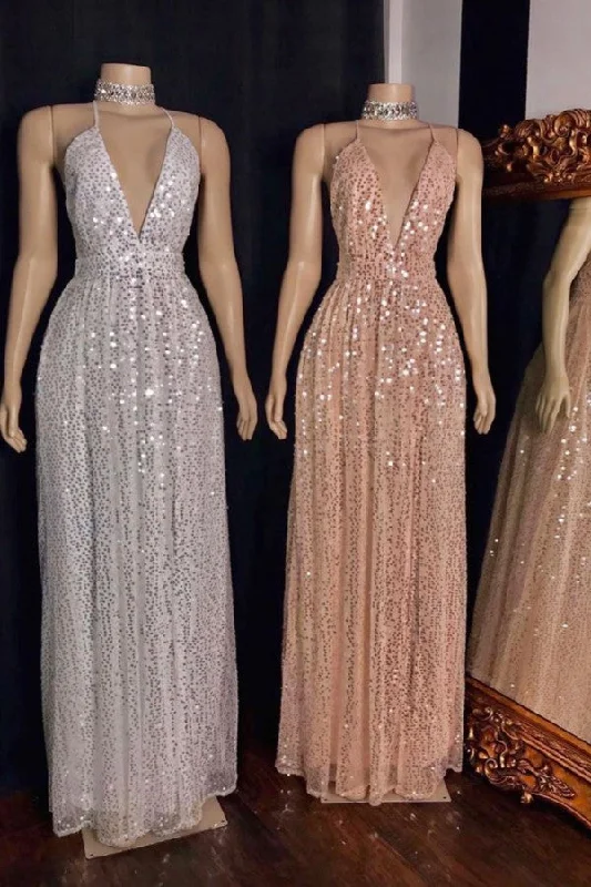 Act Now Spaghetti V-neck Polka Sequins Tulle Floor Length Mermaid Prom Dresses