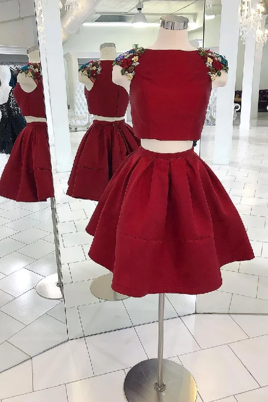 Members Only Burgundy two pieces satin short prom dress, burgundy homecoming dress JKF011 Members Only Burgundy two pieces satin short prom dress, burgundy homecoming dress JKF011