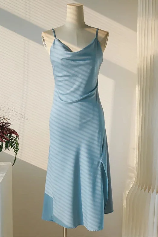Price Cut bohemian dressIce Blue Cowl Neck Mid-Calf Length Bridesmaid Dress