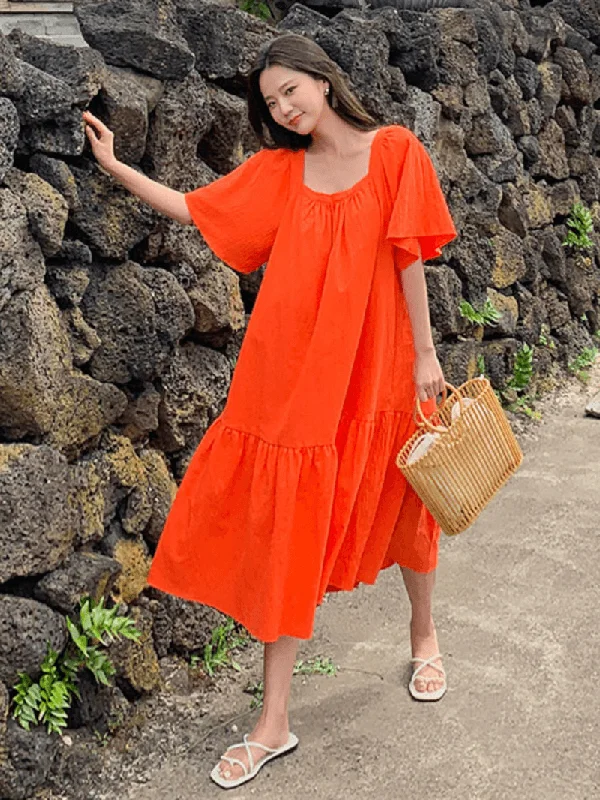 boho-chic dressFlare Sleeve Bohemian Square Neck Solid Loose Dress for Women