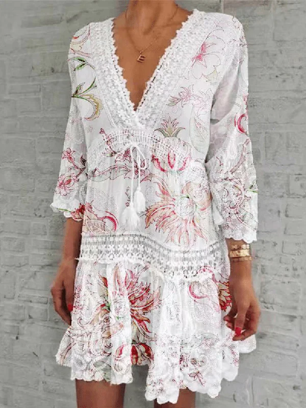 vintage dressWomen Flower Print Plunge Tie Front 3/4 Sleeve Lace Mini Dresses