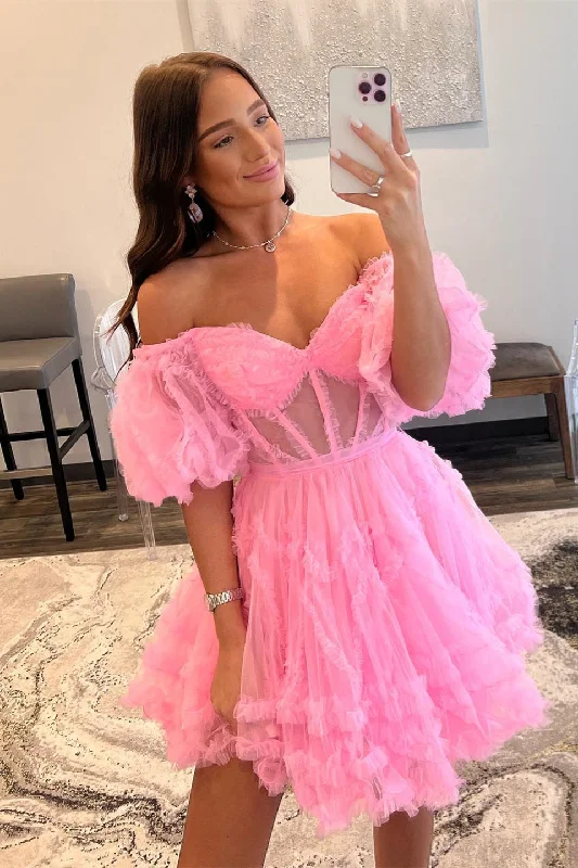 sophisticated dressPink Off-the-Shoulder Ruffles Puff Sleeves Homecoming Dress