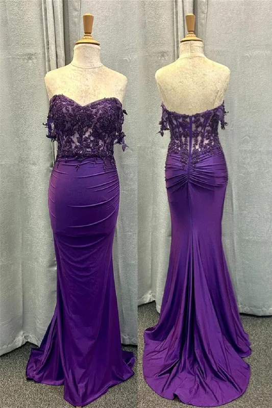 wrap-around dressPurple Off-Shoulder Floral Mermaid Satin Long Prom Dress