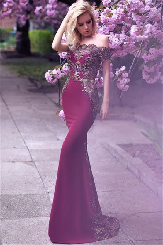 Great Bargains Off-the-Shoulder Formal Evening Dress Beads Appliques Mermaid Prom Party Gowns with Gold Belt Great Bargains Off-the-Shoulder Formal Evening Dress Beads Appliques Mermaid Prom Party Gowns with Gold Belt