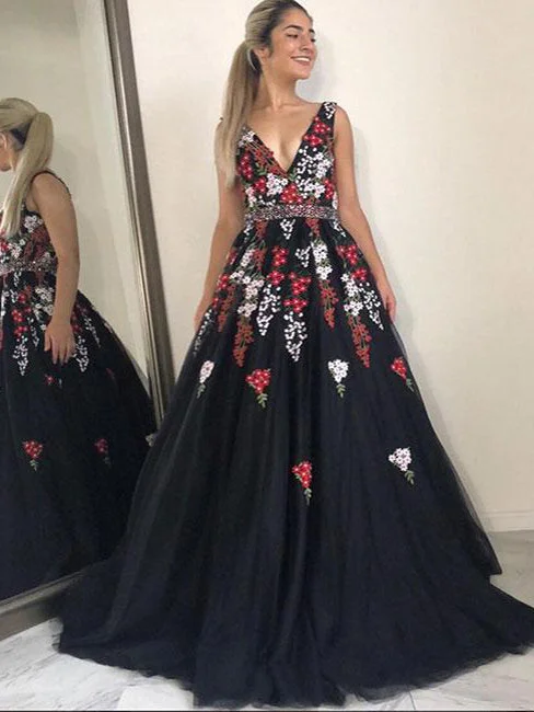 Don't Wait Backless Prom Dresses A-line V-neck Floor-length Embroidery Long Black Prom Dress JKL1283 Don't Wait Backless Prom Dresses A-line V-neck Floor-length Embroidery Long Black Prom Dress JKL1283