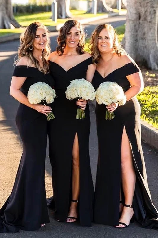 chic wrap dressElegant Off Shoulder Mermaid Long Bridesmaid Dress with Slit