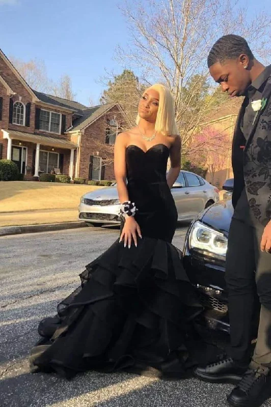 Sneak Peek Sale Sweetheart Strapless Ruffled Tulle Black Mermaid Prom Dresses