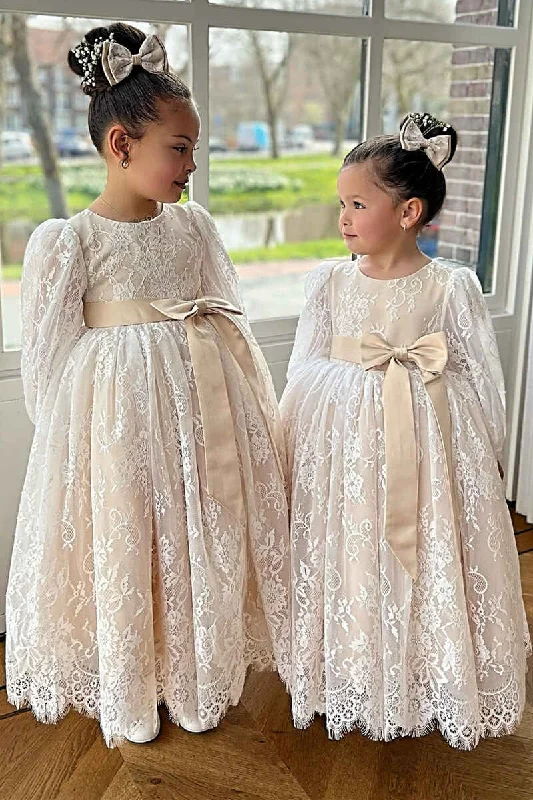 denim dressIvory Lace Long Sleeve Pleated A-Line Flower Girl Dress