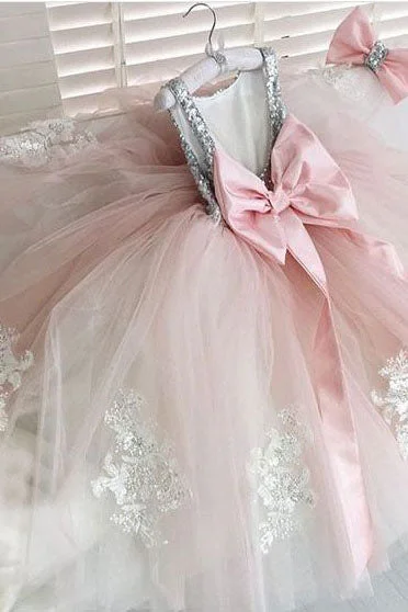 ruffle dressCute Silver Sequins Pink Flower Girl Dress with Bow Knot