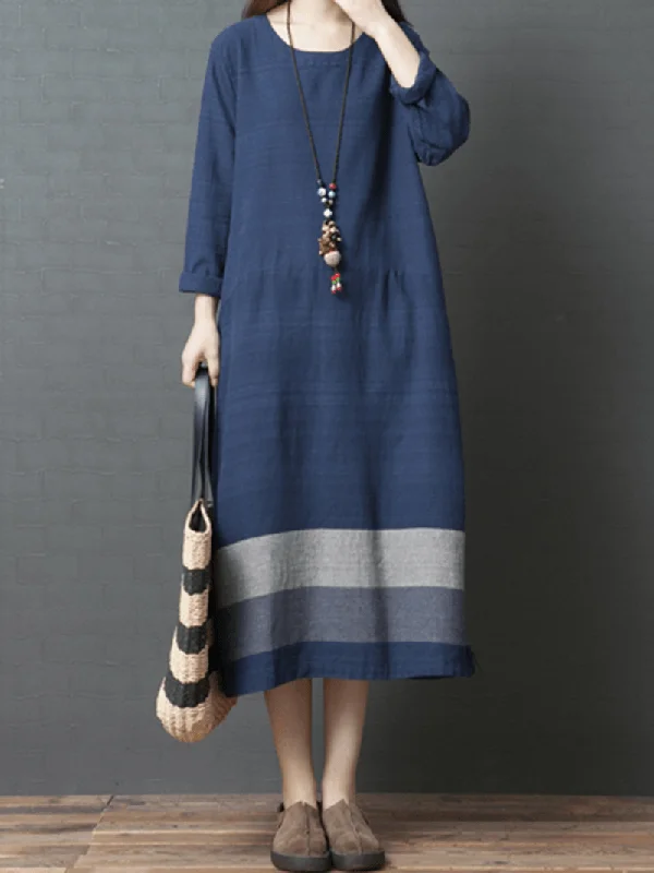 sleek dressVintage Women Loose Cotton Linen Striped Patchwork Dress