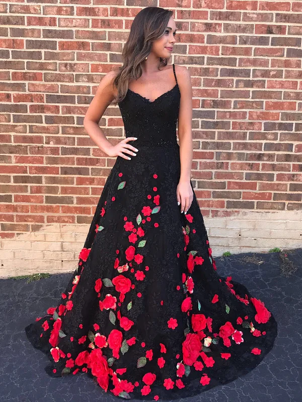 Can't Miss Black Prom Dresses Spaghetti Straps Red Flowers Long Prom Dress Sexy Evening Dress JKL1306 Can't Miss Black Prom Dresses Spaghetti Straps Red Flowers Long Prom Dress Sexy Evening Dress JKL1306