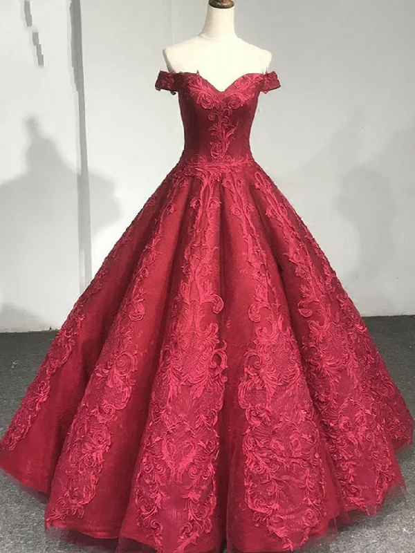 Price Reduction Ball Gown Prom Dresses Off-the-shoulder Long Chic Lace Burgundy Prom Dress JKL1421 Price Reduction Ball Gown Prom Dresses Off-the-shoulder Long Chic Lace Burgundy Prom Dress JKL1421