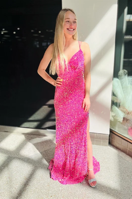 Low Prices boho dressFuchsia V Neck Double Straps Sequins Cut-Out Long Prom Dress with Slit Low Prices boho dressFuchsia V Neck Double Straps Sequins Cut-Out Long Prom Dress with Slit