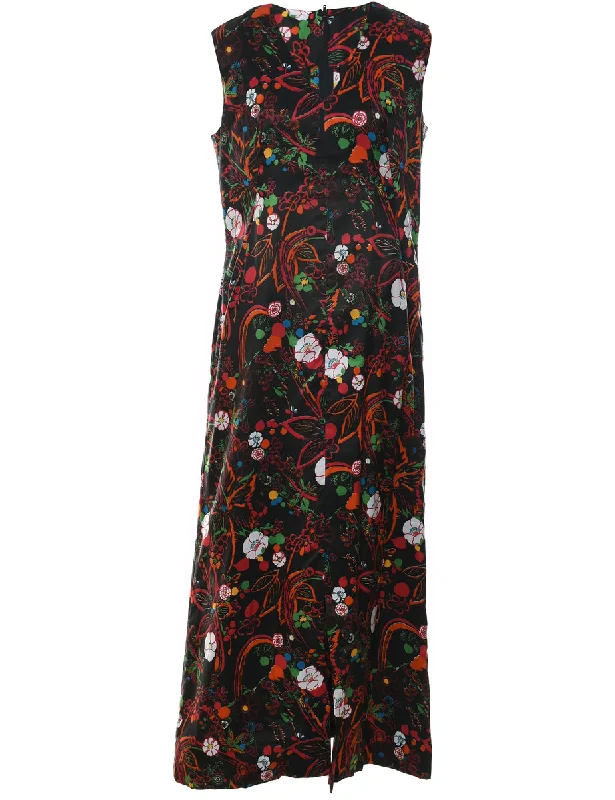 fitted coat1970s Floral Print Sleeveless Multi-Colour Maxi Dress - L