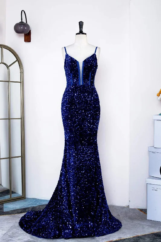 ruched dressRoyal Blue Sequins Spaghetti Straps Mermaid Long Prom Dress