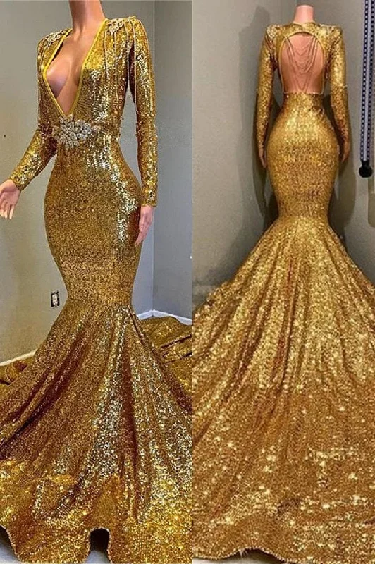 Hot Deal Gorgeous Mermaid Sequins Long Sleevess Floor Length Prom Dresses