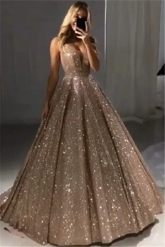 Can't Miss Shiny Gold Ball Gown Evening Dresses Chic V-Neck Sequin Prom Dresses