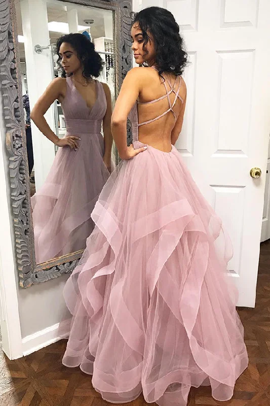 casual shift dressPink Ruffled Long Prom Dress with Criss Cross Back